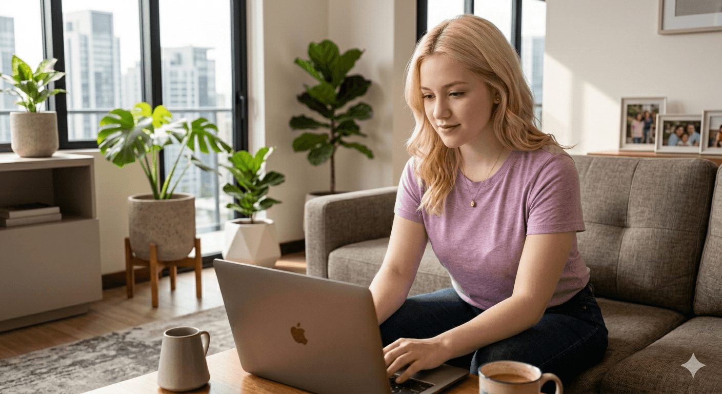 Mujer joven en consulta digital desde su laptop
