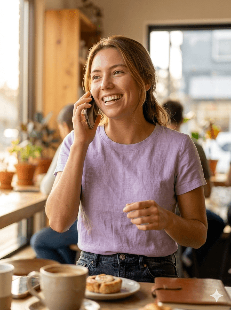 Mujer en consulta digital desde un café